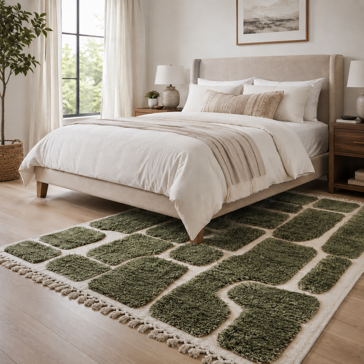 Aicha Green and Ivory Abstract Moroccan Rug