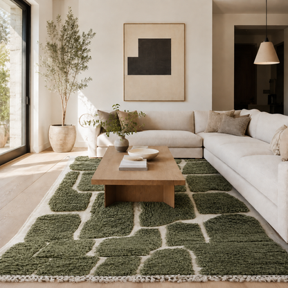 Aicha Green and Ivory Abstract Moroccan Rug