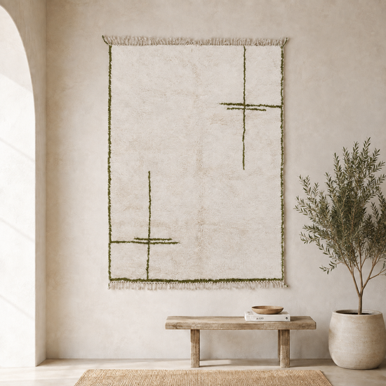 Tafoukt Minimalist Moroccan Berber Rug – Ivory & Green