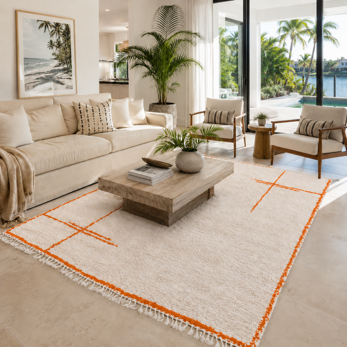 Naima Minimalist Moroccan Berber Rug – Ivory & Orange