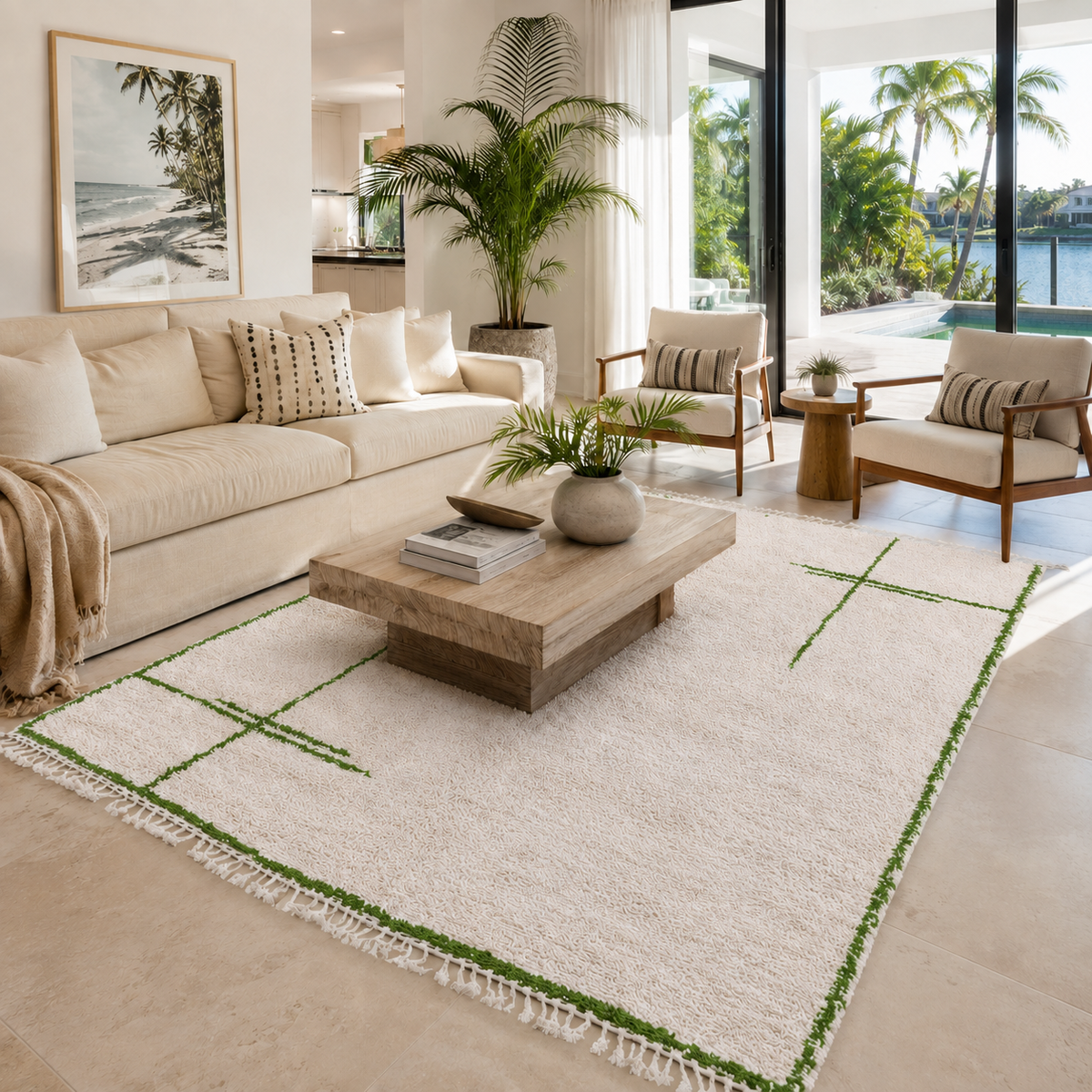 Tafoukt Minimalist Moroccan Berber Rug – Ivory & Green