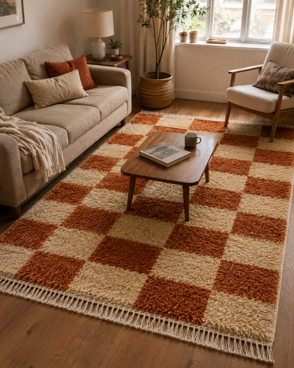 Ayah Rust & Cream Checkerboard Moroccan Berber Rug