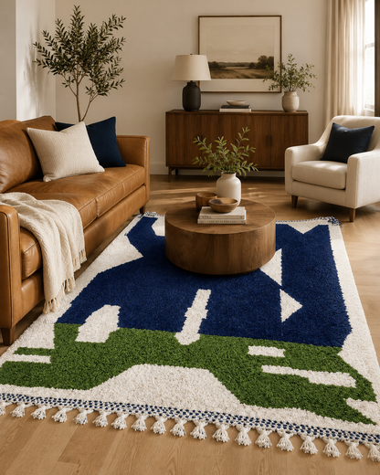ITRAN Abstract Moroccan Wool Rug – Navy, Cream & Green